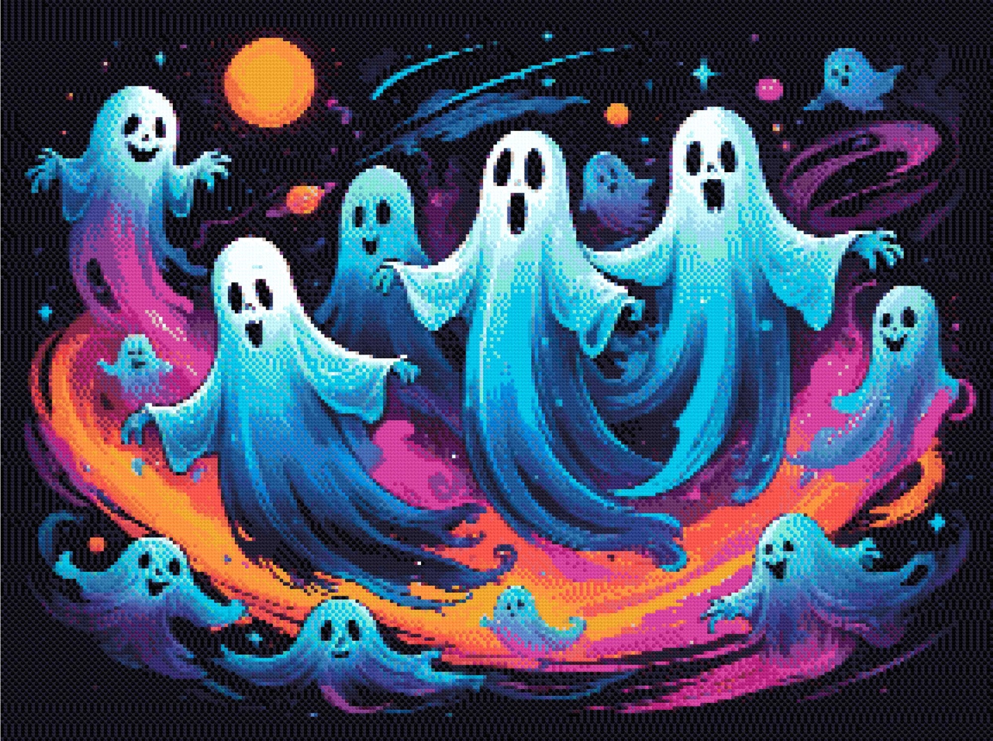 A Diamond Painting Rendering Of Joyful Ghosts Floating In A Colourful, Starry Galaxy With Swirling Hues Of Blue, Purple, And Orange. Size - 80cm X 60cm