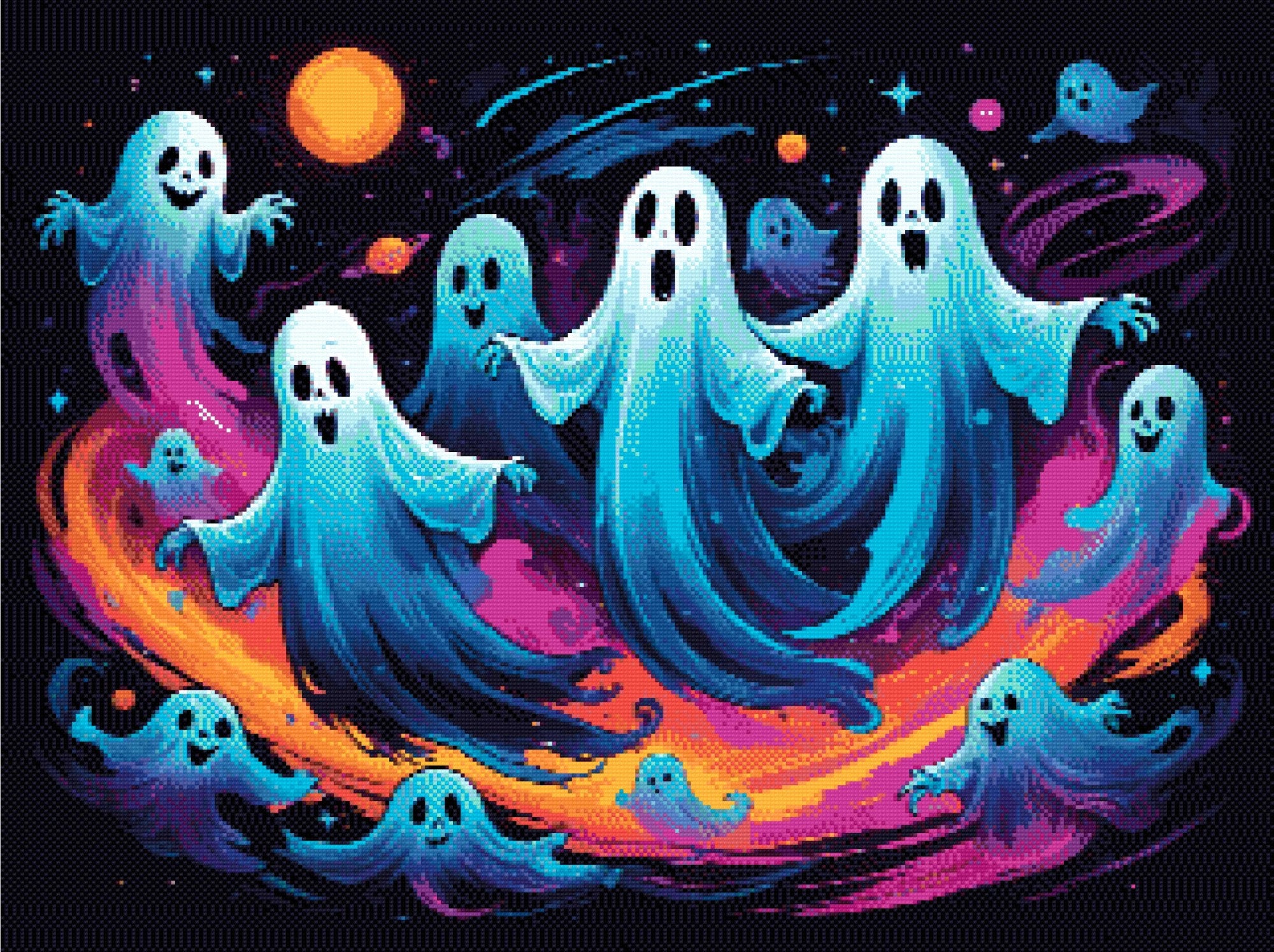 A Diamond Painting Rendering Of Joyful Ghosts Floating In A Colourful, Starry Galaxy With Swirling Hues Of Blue, Purple, And Orange. Size - 80cm X 60cm