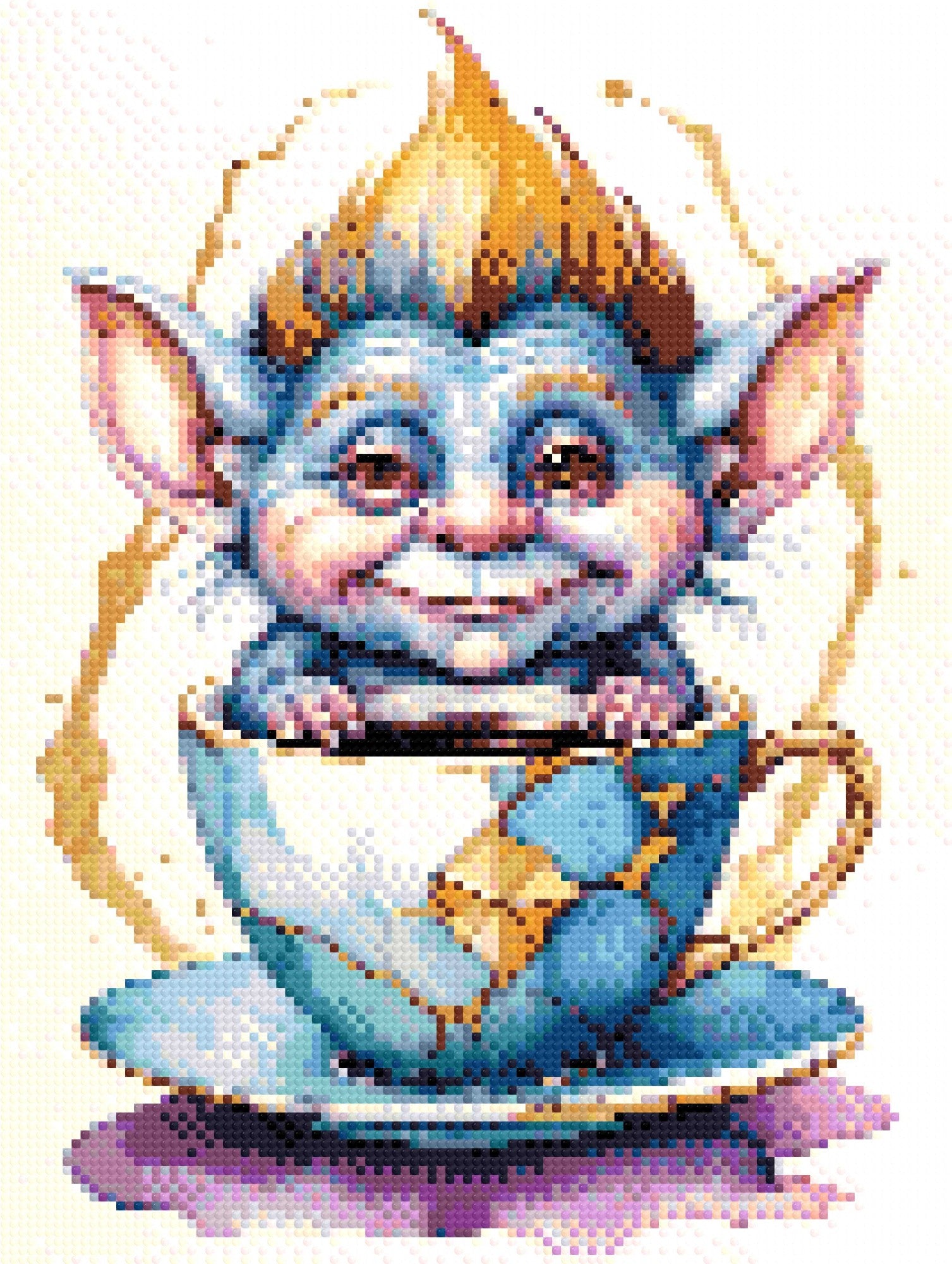 A Diamond Painting Rendering Of Blue-skinned Goblin Creature With Spiky Hair Sitting Inside A Kintsugi-style Repaired Teacup, Smiling Playfully. Size - 30cm X 40cm