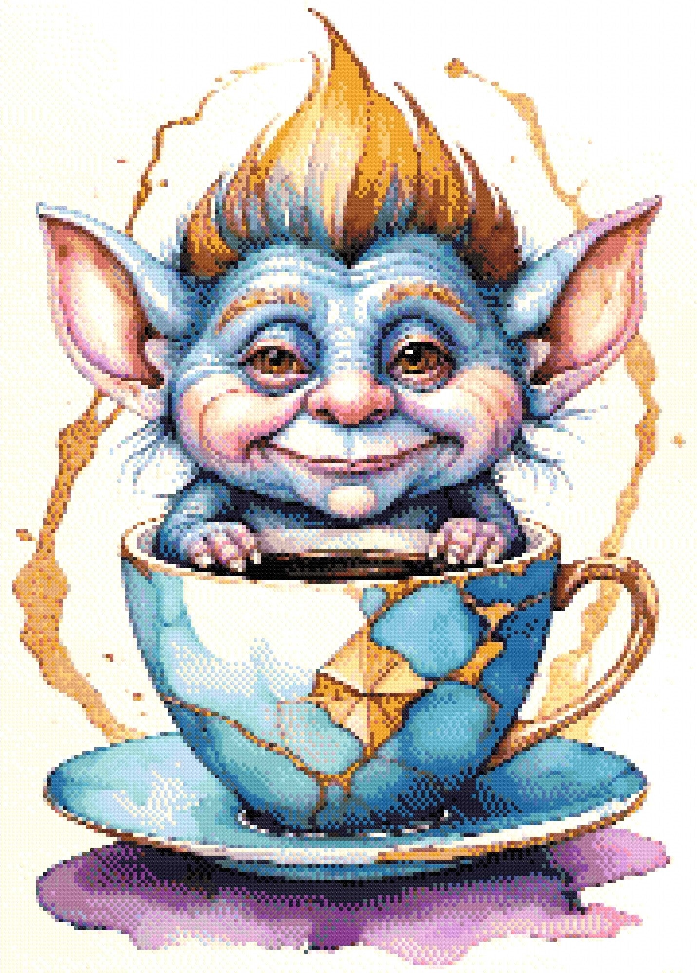 A Diamond Painting Rendering Of Blue-skinned Goblin Creature With Spiky Hair Sitting Inside A Kintsugi-style Repaired Teacup, Smiling Playfully. Size - 50cm X 70cm