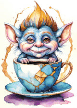 A Diamond Painting Rendering Of Blue-skinned Goblin Creature With Spiky Hair Sitting Inside A Kintsugi-style Repaired Teacup, Smiling Playfully. Size - 50cm X 70cm