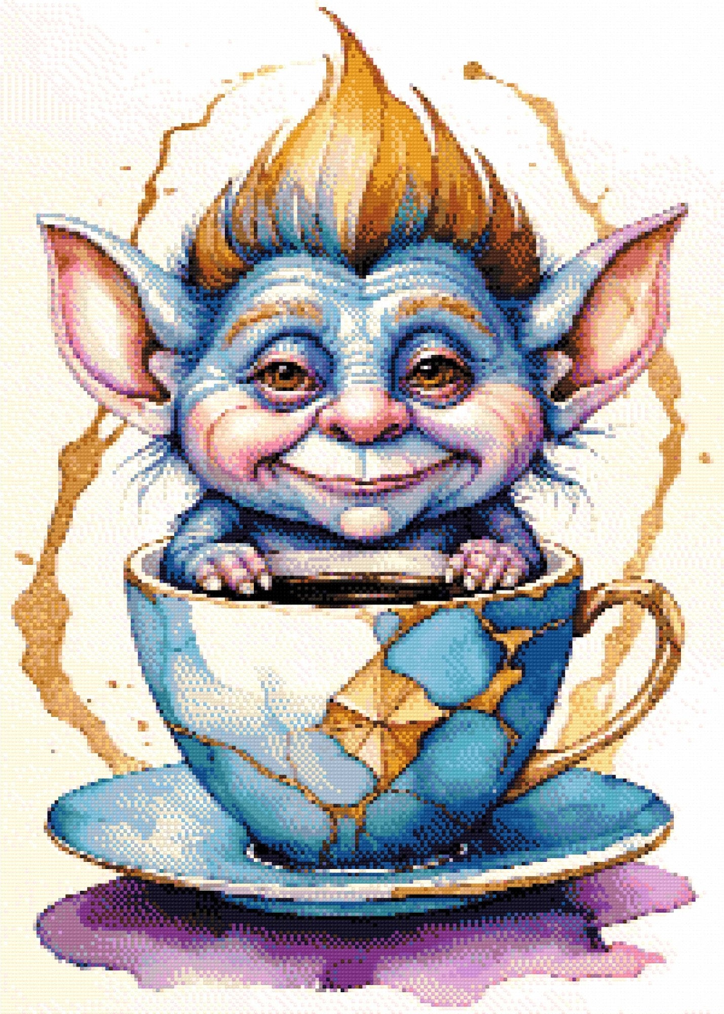 A Diamond Painting Rendering Of Blue-skinned Goblin Creature With Spiky Hair Sitting Inside A Kintsugi-style Repaired Teacup, Smiling Playfully. Size - 50cm X 70cm