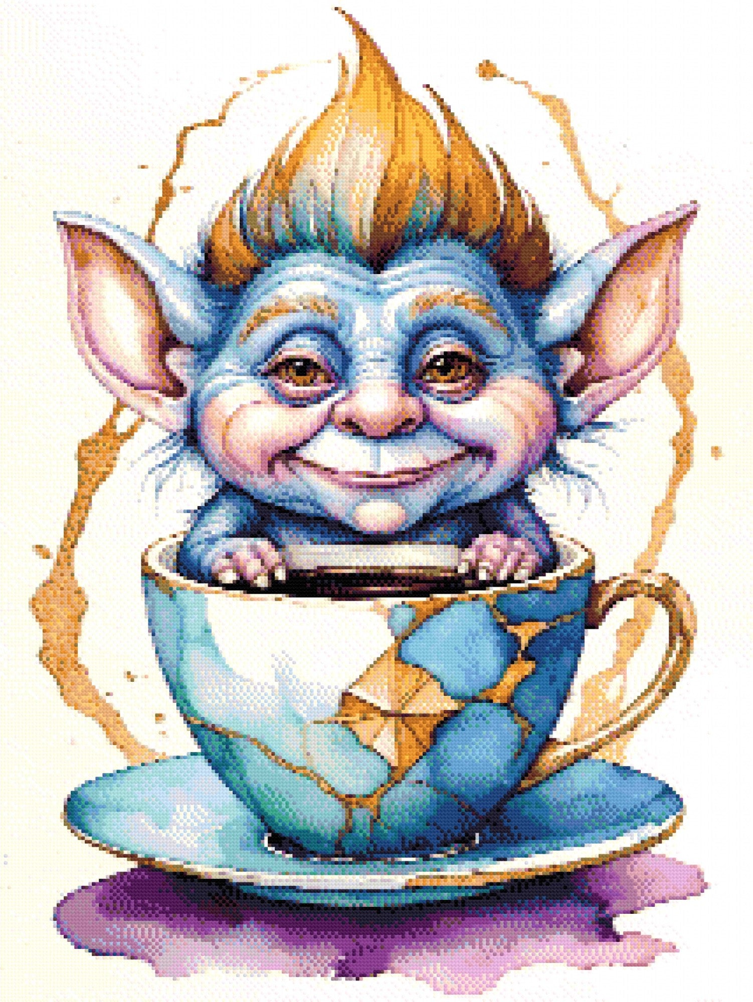 A Diamond Painting Rendering Of Blue-skinned Goblin Creature With Spiky Hair Sitting Inside A Kintsugi-style Repaired Teacup, Smiling Playfully. Size - 60cm X 80cm