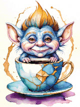 A Diamond Painting Rendering Of Blue-skinned Goblin Creature With Spiky Hair Sitting Inside A Kintsugi-style Repaired Teacup, Smiling Playfully. Size - 60cm X 80cm