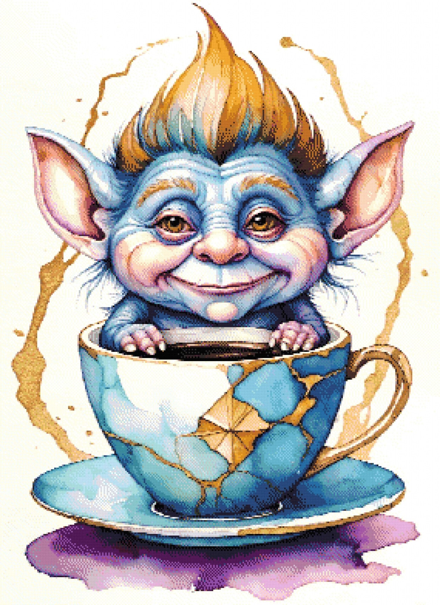 A Diamond Painting Rendering Of Blue-skinned Goblin Creature With Spiky Hair Sitting Inside A Kintsugi-style Repaired Teacup, Smiling Playfully. Size - 80cm X 110cm