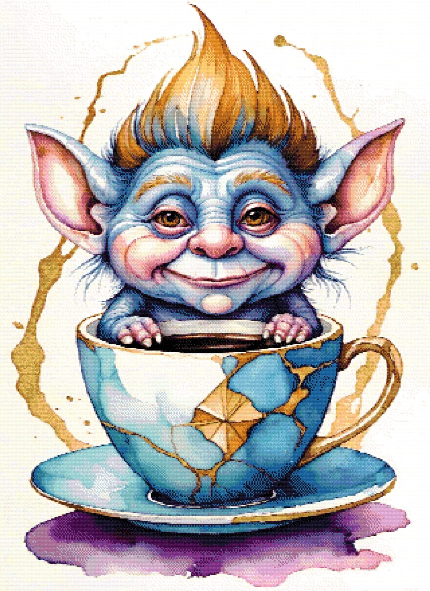 A Diamond Painting Rendering Of Blue-skinned Goblin Creature With Spiky Hair Sitting Inside A Kintsugi-style Repaired Teacup, Smiling Playfully. Size - 80cm X 110cm