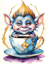 A Diamond Painting Rendering Of Blue-skinned Goblin Creature With Spiky Hair Sitting Inside A Kintsugi-style Repaired Teacup, Smiling Playfully. Size - 90cm X 120cm