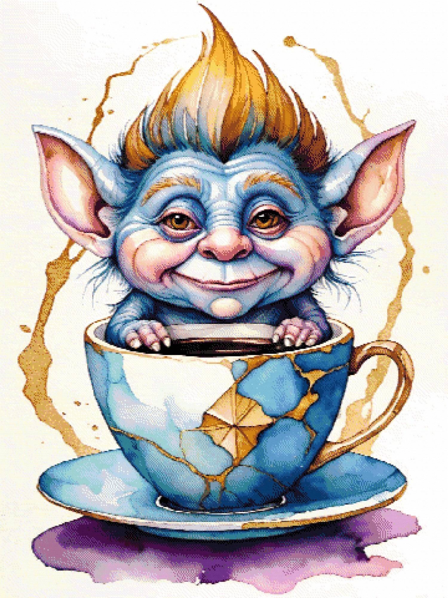 A Diamond Painting Rendering Of Blue-skinned Goblin Creature With Spiky Hair Sitting Inside A Kintsugi-style Repaired Teacup, Smiling Playfully. Size - 90cm X 120cm