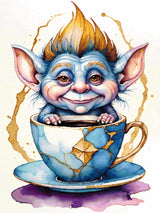 A Diamond Painting Rendering Of Blue-skinned Goblin Creature With Spiky Hair Sitting Inside A Kintsugi-style Repaired Teacup, Smiling Playfully. Size - 90cm X 120cm