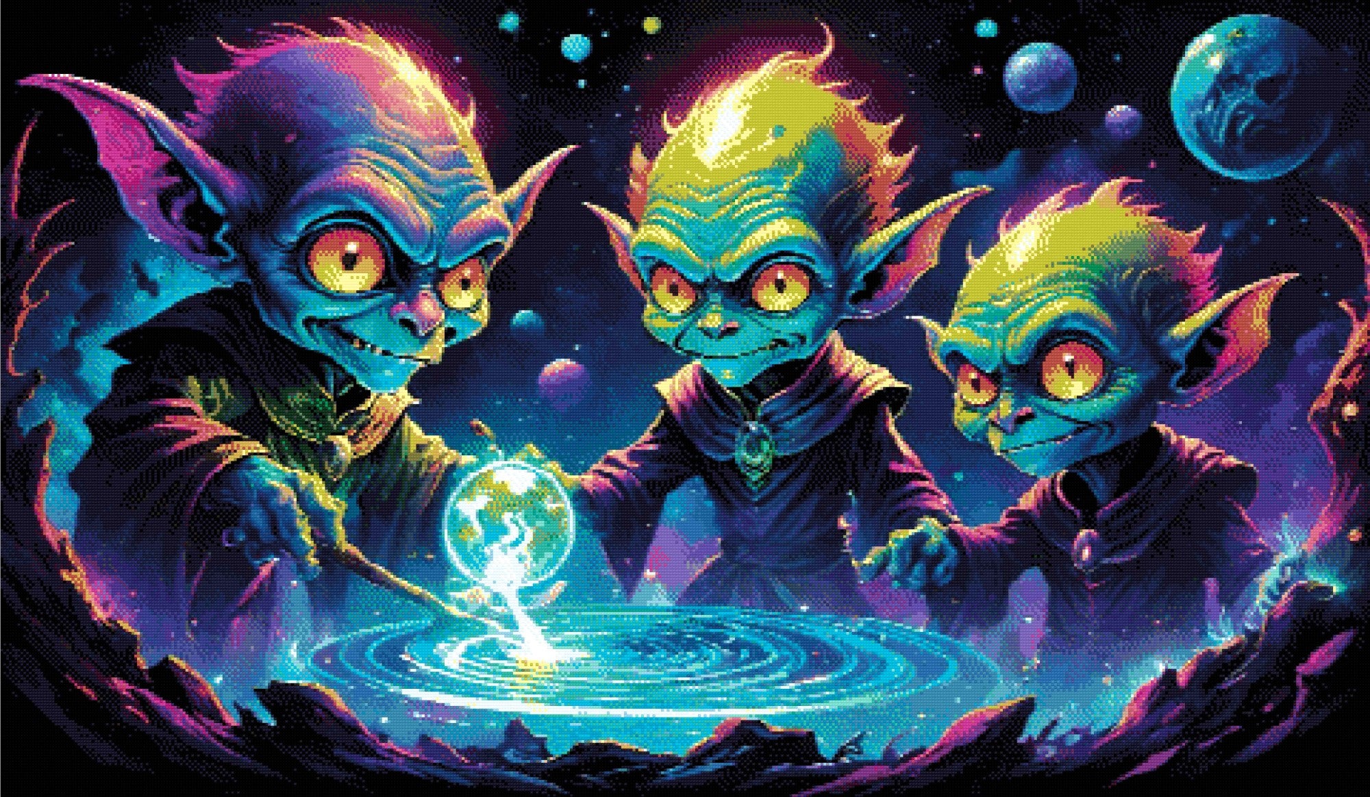 A Diamond Painting Rendering Of Three Goblin-like Figures With Glowing Eyes Cast A Spell Over A Glowing Orb, Surrounded By Stars And Distant Planets. Size - 120cm X 70cm