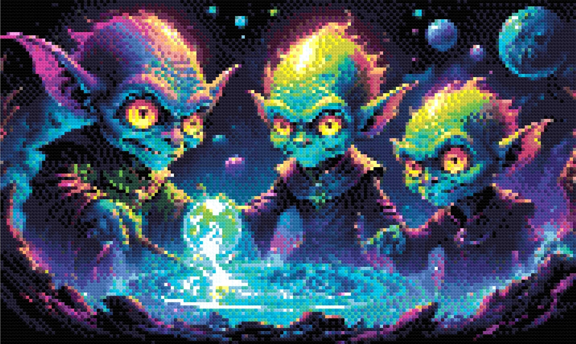 A Diamond Painting Rendering Of Three Goblin-like Figures With Glowing Eyes Cast A Spell Over A Glowing Orb, Surrounded By Stars And Distant Planets. Size - 50cm X 30cm