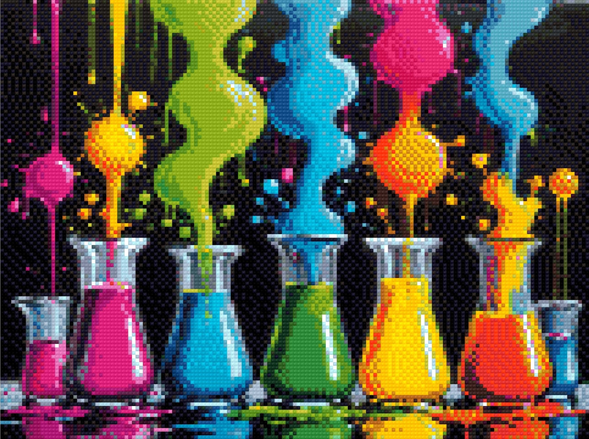 A Diamond Painting Rendering Of Glass Beakers Overflow With Bright Neon Liquids In Various Colours, Creating A Vibrant And Playful Display Of Colours. Size - 40cm X 30cm