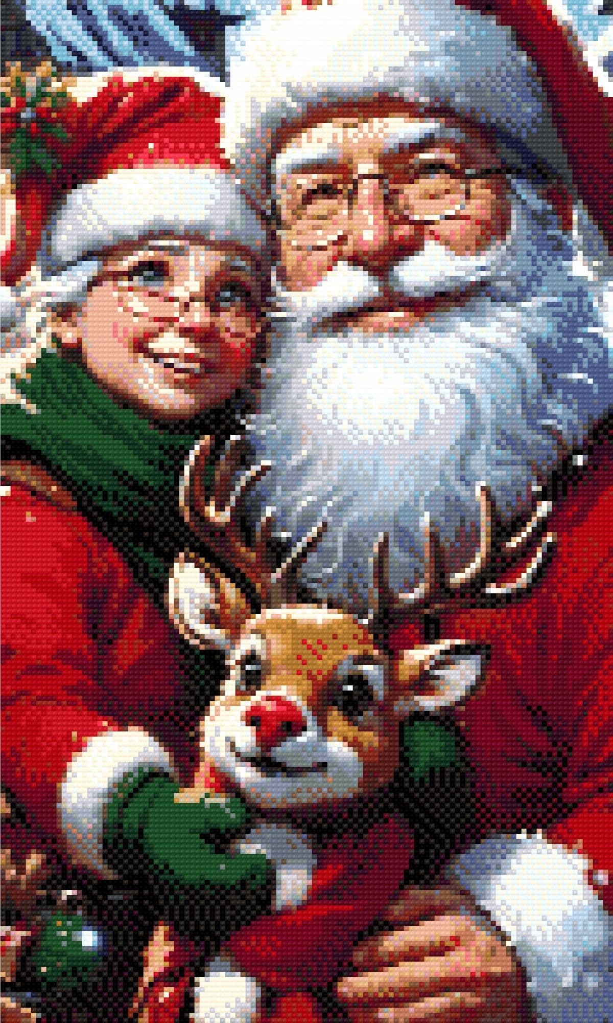 A Diamond Painting Rendering Of Santa And Mrs. Claus Smiling With Rudolph The Red-nosed Reindeer, Set Against A Snowy Village Backdrop. Size - 30cm X 50cm