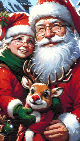 A Diamond Painting Rendering Of Santa And Mrs. Claus Smiling With Rudolph The Red-nosed Reindeer, Set Against A Snowy Village Backdrop. Size - 40cm X 70cm