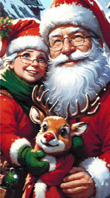 A Diamond Painting Rendering Of Santa And Mrs. Claus Smiling With Rudolph The Red-nosed Reindeer, Set Against A Snowy Village Backdrop. Size - 50cm X 90cm