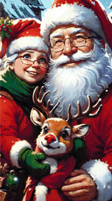 A Diamond Painting Rendering Of Santa And Mrs. Claus Smiling With Rudolph The Red-nosed Reindeer, Set Against A Snowy Village Backdrop. Size - 50cm X 90cm