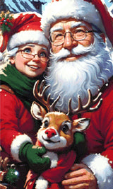A Diamond Painting Rendering Of Santa And Mrs. Claus Smiling With Rudolph The Red-nosed Reindeer, Set Against A Snowy Village Backdrop. Size - 60cm X 100cm