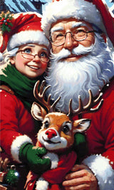 A Diamond Painting Rendering Of Santa And Mrs. Claus Smiling With Rudolph The Red-nosed Reindeer, Set Against A Snowy Village Backdrop. Size - 60cm X 100cm
