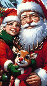 A Diamond Painting Rendering Of Santa And Mrs. Claus Smiling With Rudolph The Red-nosed Reindeer, Set Against A Snowy Village Backdrop. Size - 60cm X 110cm