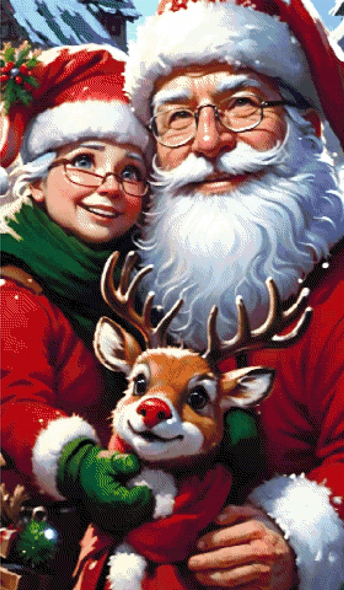 A Diamond Painting Rendering Of Santa And Mrs. Claus Smiling With Rudolph The Red-nosed Reindeer, Set Against A Snowy Village Backdrop. Size - 70cm X 120cm