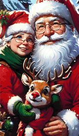 A Diamond Painting Rendering Of Santa And Mrs. Claus Smiling With Rudolph The Red-nosed Reindeer, Set Against A Snowy Village Backdrop. Size - 70cm X 120cm