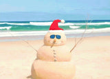 A Diamond Painting Rendering Of A Sand Snowman With A Santa Hat And Sunglasses Stands On A Sunny Beach With Turquoise Waves In The Background. Size - 110cm X 80cm