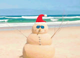 A Diamond Painting Rendering Of A Sand Snowman With A Santa Hat And Sunglasses Stands On A Sunny Beach With Turquoise Waves In The Background. Size - 110cm X 80cm