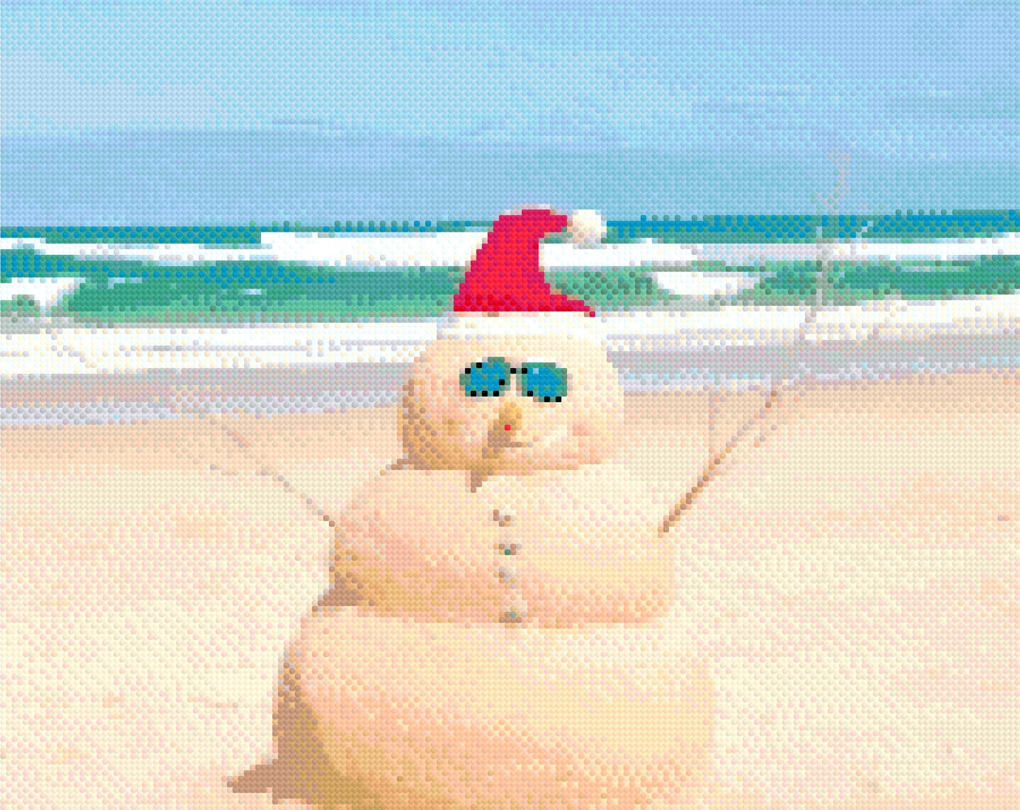 A Diamond Painting Rendering Of A Sand Snowman With A Santa Hat And Sunglasses Stands On A Sunny Beach With Turquoise Waves In The Background. Size - 50cm X 40cm