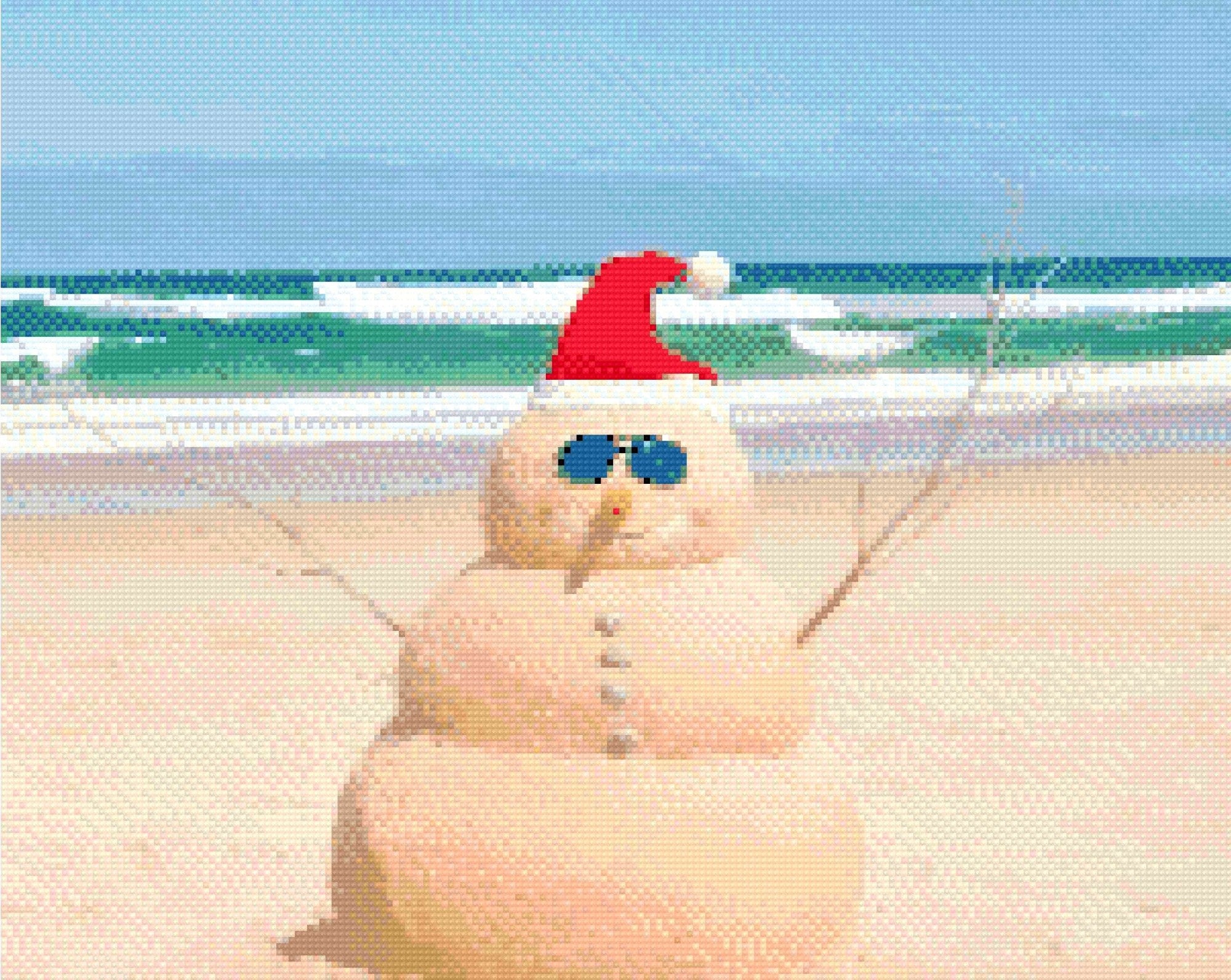 A Diamond Painting Rendering Of A Sand Snowman With A Santa Hat And Sunglasses Stands On A Sunny Beach With Turquoise Waves In The Background. Size - 50cm X 40cm