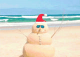 A Diamond Painting Rendering Of A Sand Snowman With A Santa Hat And Sunglasses Stands On A Sunny Beach With Turquoise Waves In The Background. Size - 70cm X 50cm
