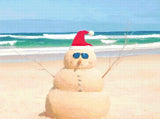 A Diamond Painting Rendering Of A Sand Snowman With A Santa Hat And Sunglasses Stands On A Sunny Beach With Turquoise Waves In The Background. Size - 80cm X 60cm