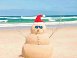 A Diamond Painting Rendering Of A Sand Snowman With A Santa Hat And Sunglasses Stands On A Sunny Beach With Turquoise Waves In The Background. Size - 80cm X 60cm