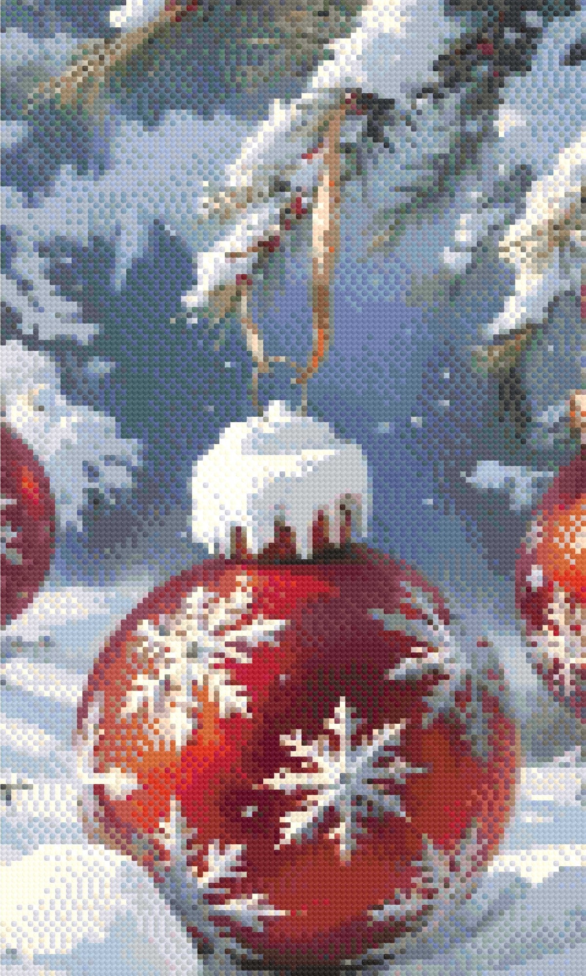 A Diamond Painting Rendering Of Red Christmas Ornament With Snowflake Design Hangs From Snow-covered Pine Branch In A Snowy Winter Setting. Size - 30cm X 50cm