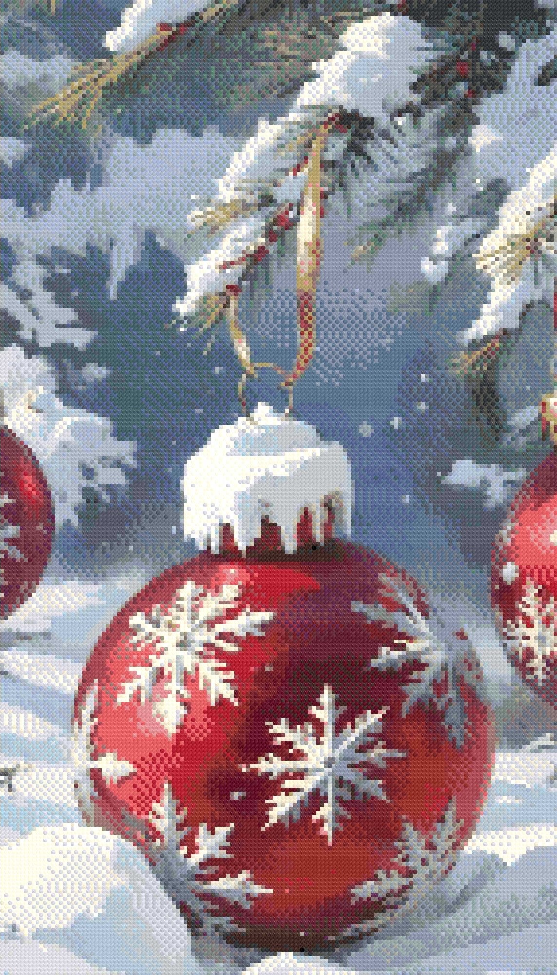 A Diamond Painting Rendering Of Red Christmas Ornament With Snowflake Design Hangs From Snow-covered Pine Branch In A Snowy Winter Setting. Size - 40cm X 70cm