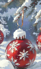 A Diamond Painting Rendering Of Red Christmas Ornament With Snowflake Design Hangs From Snow-covered Pine Branch In A Snowy Winter Setting. Size - 60cm X 100cm