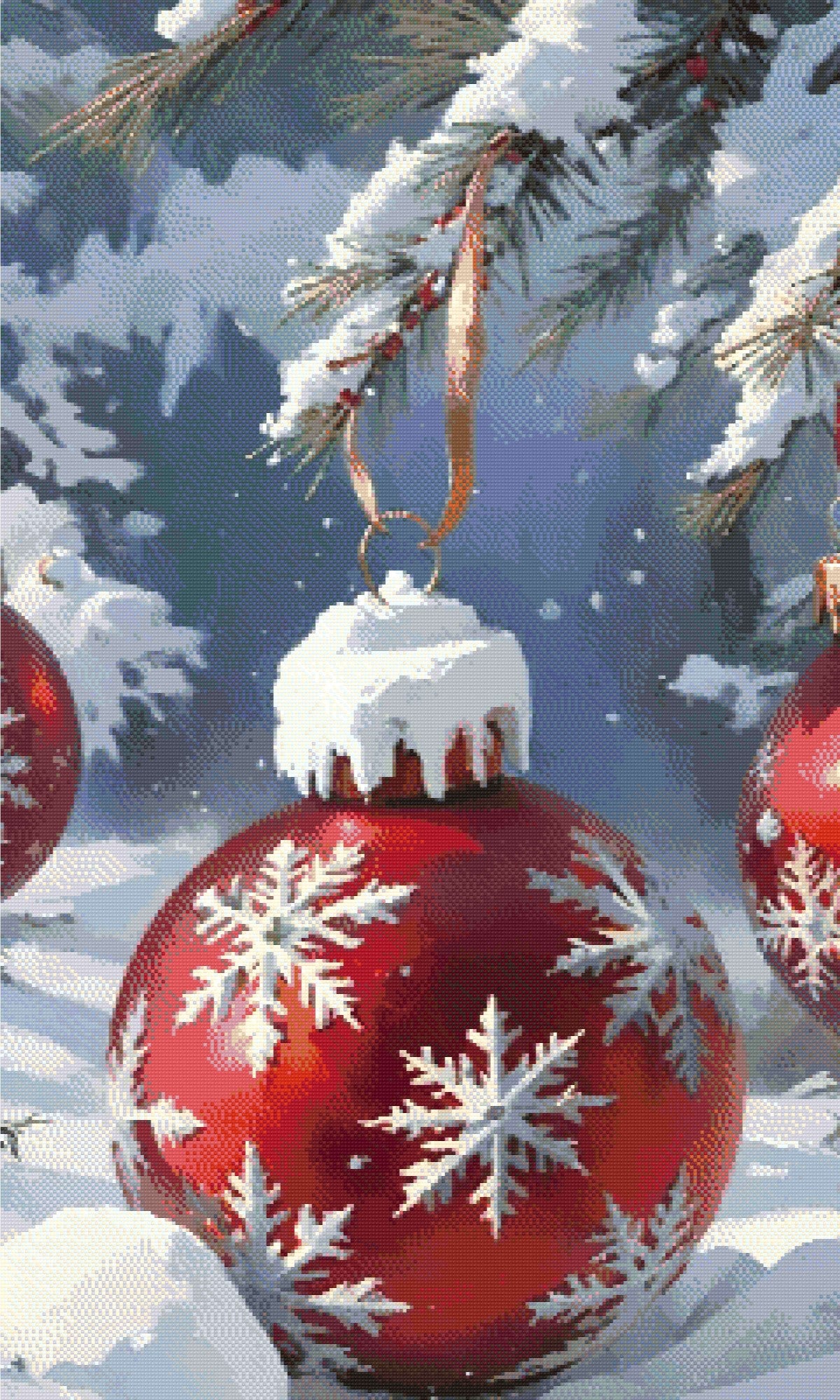 A Diamond Painting Rendering Of Red Christmas Ornament With Snowflake Design Hangs From Snow-covered Pine Branch In A Snowy Winter Setting. Size - 60cm X 100cm