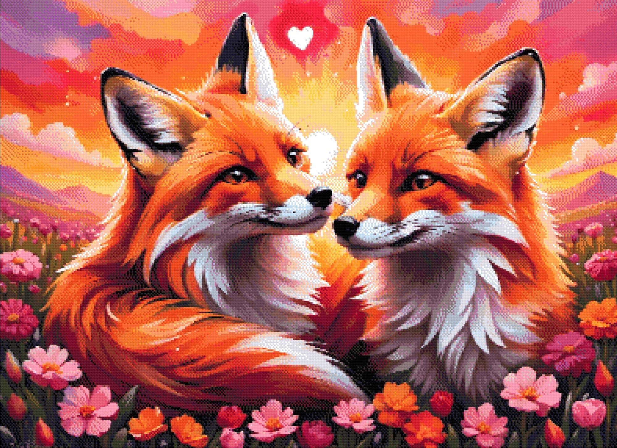 A Diamond Painting Rendering Of Two Foxes Gazing At Each Other Lovingly In A Colourful Field Of Flowers With A Glowing Sunset Sky. Size - 110cm X 80cm