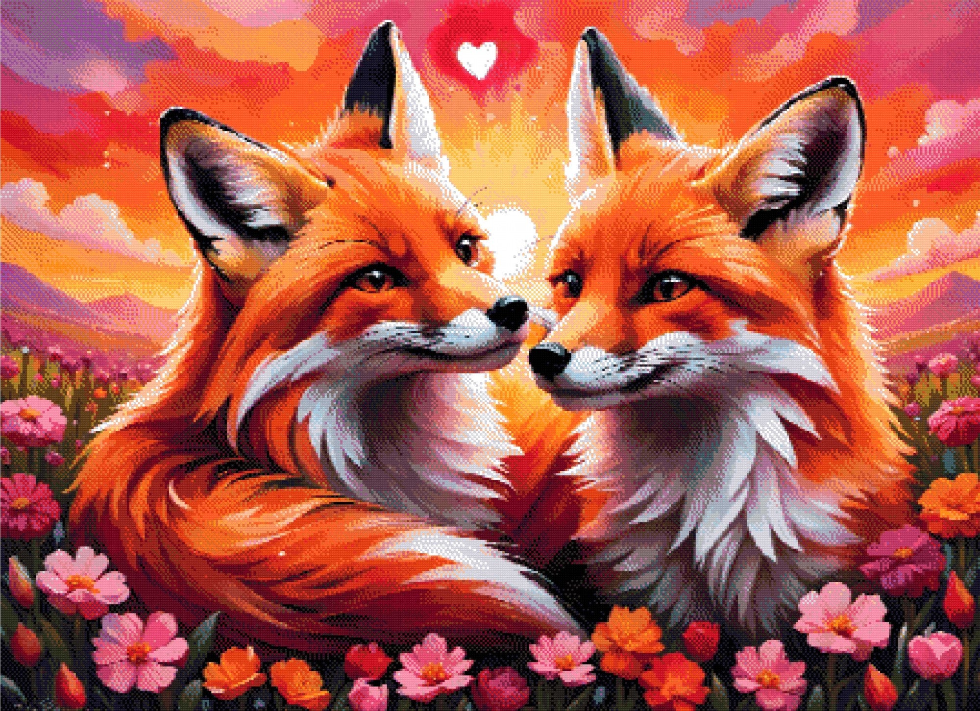 A Diamond Painting Rendering Of Two Foxes Gazing At Each Other Lovingly In A Colourful Field Of Flowers With A Glowing Sunset Sky. Size - 110cm X 80cm