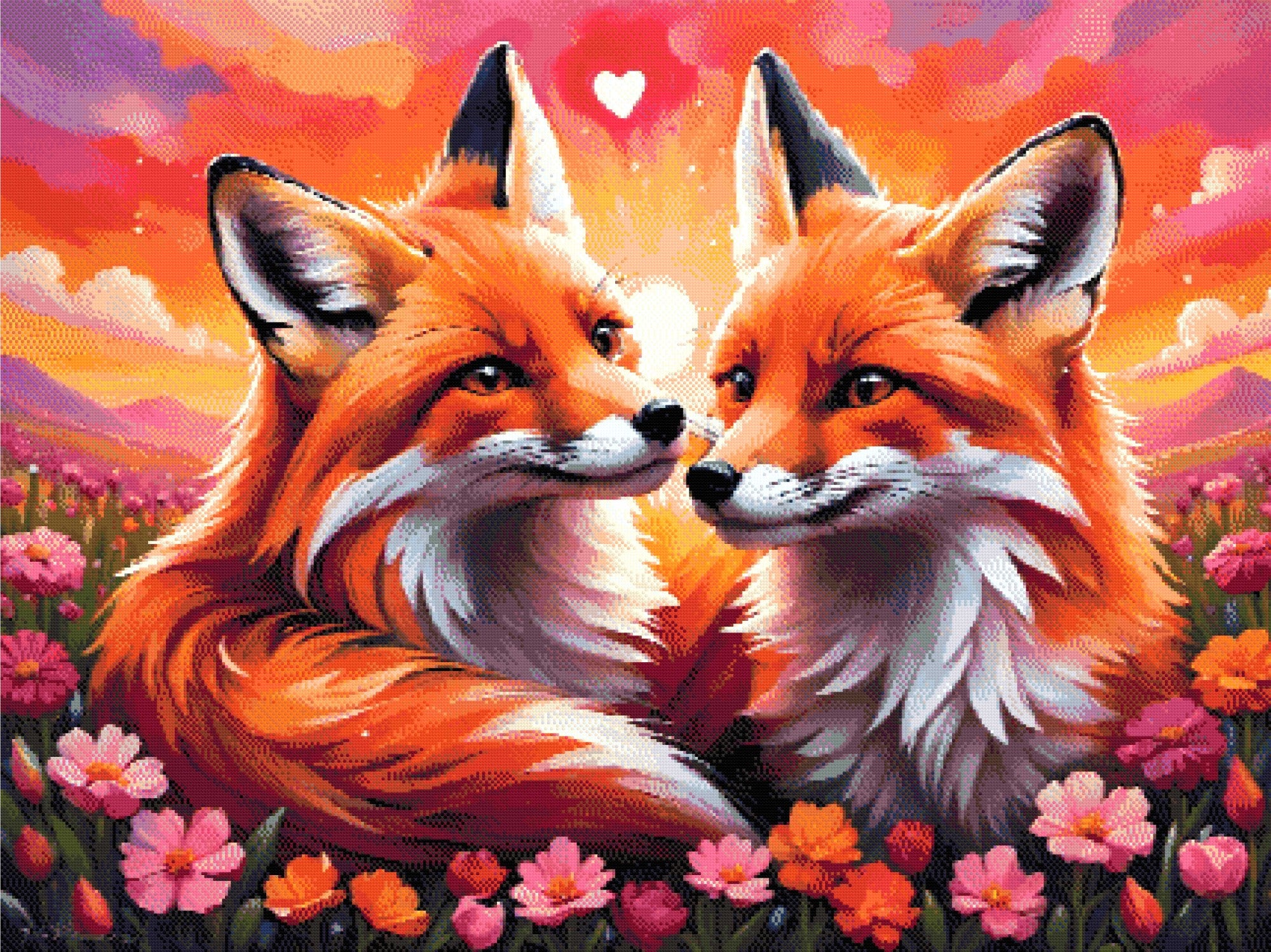 A Diamond Painting Rendering Of Two Foxes Gazing At Each Other Lovingly In A Colourful Field Of Flowers With A Glowing Sunset Sky. Size - 120cm X 90cm