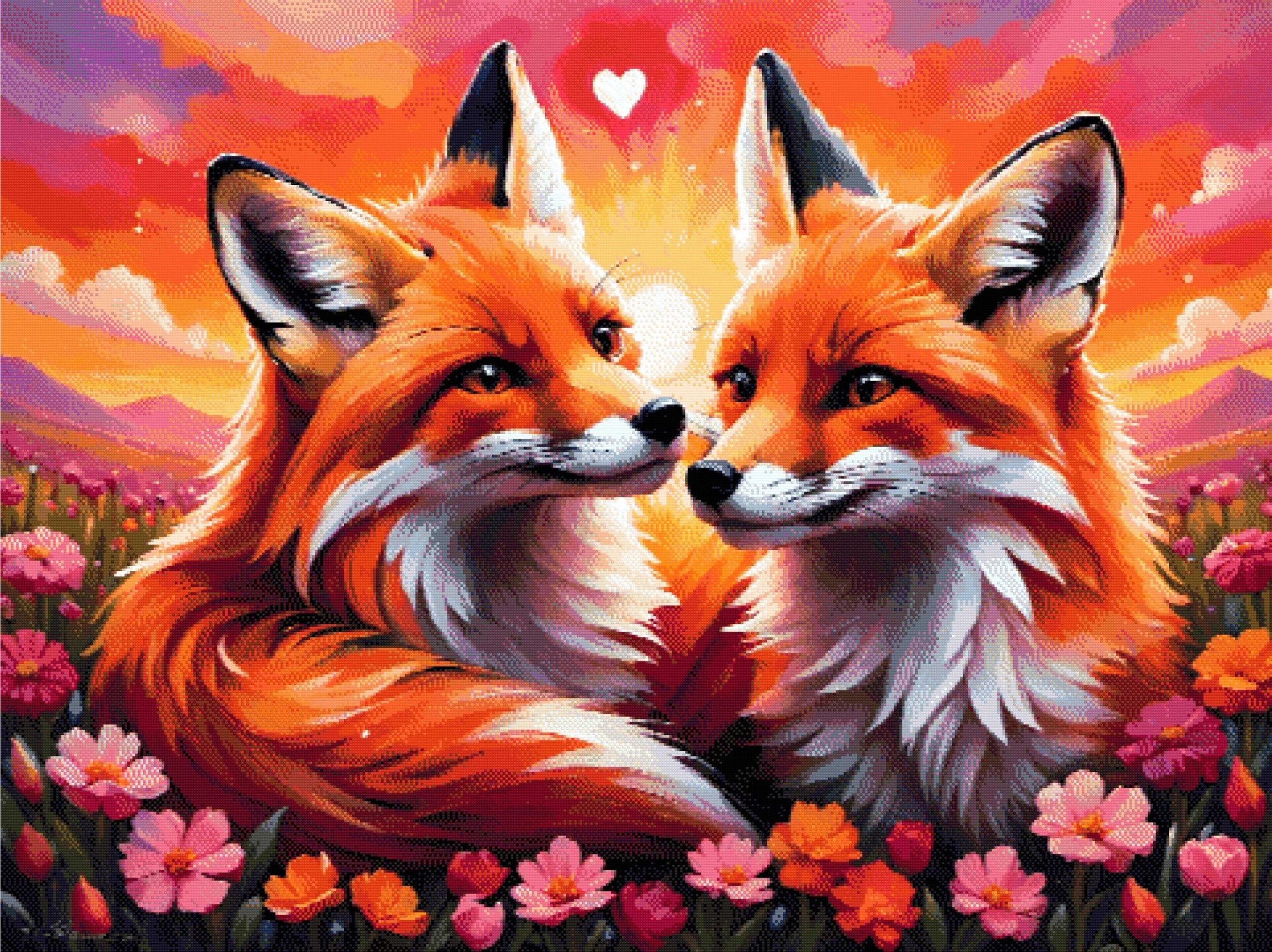 A Diamond Painting Rendering Of Two Foxes Gazing At Each Other Lovingly In A Colourful Field Of Flowers With A Glowing Sunset Sky. Size - 120cm X 90cm