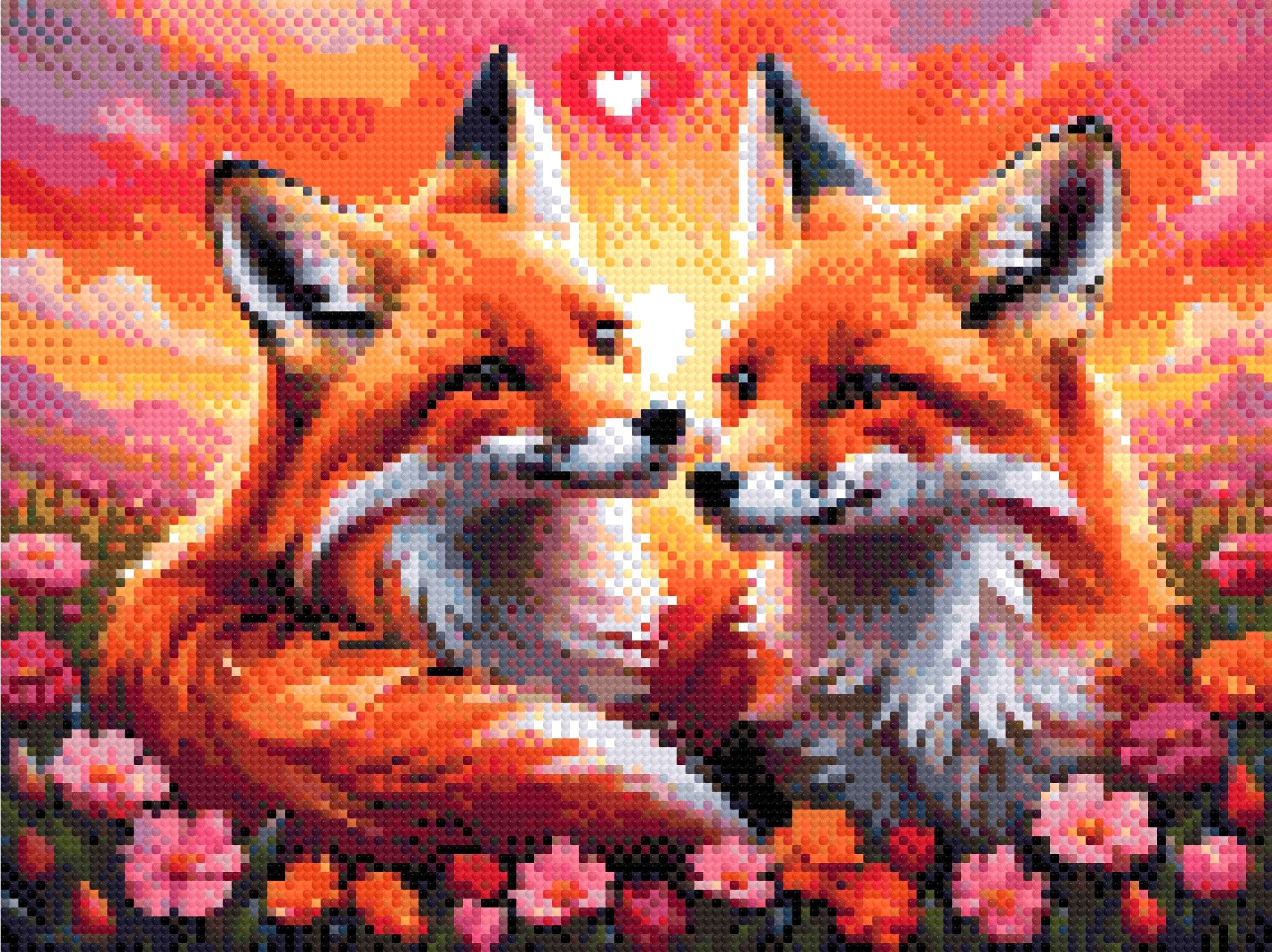 A Diamond Painting Rendering Of Two Foxes Gazing At Each Other Lovingly In A Colourful Field Of Flowers With A Glowing Sunset Sky. Size - 40cm X 30cm