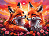 A Diamond Painting Rendering Of Two Foxes Gazing At Each Other Lovingly In A Colourful Field Of Flowers With A Glowing Sunset Sky. Size - 40cm X 30cm