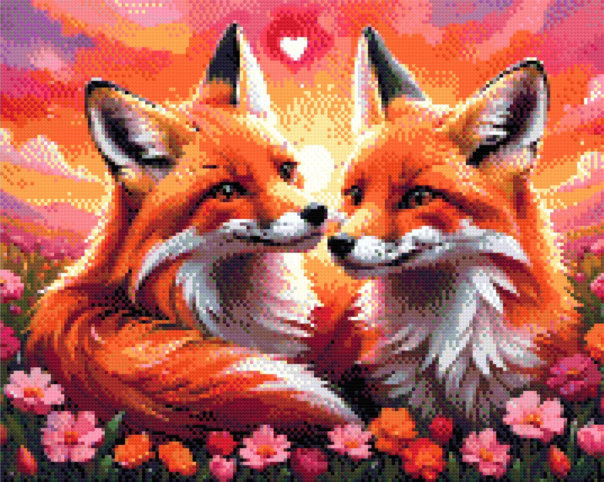 A Diamond Painting Rendering Of Two Foxes Gazing At Each Other Lovingly In A Colourful Field Of Flowers With A Glowing Sunset Sky. Size - 50cm X 40cm