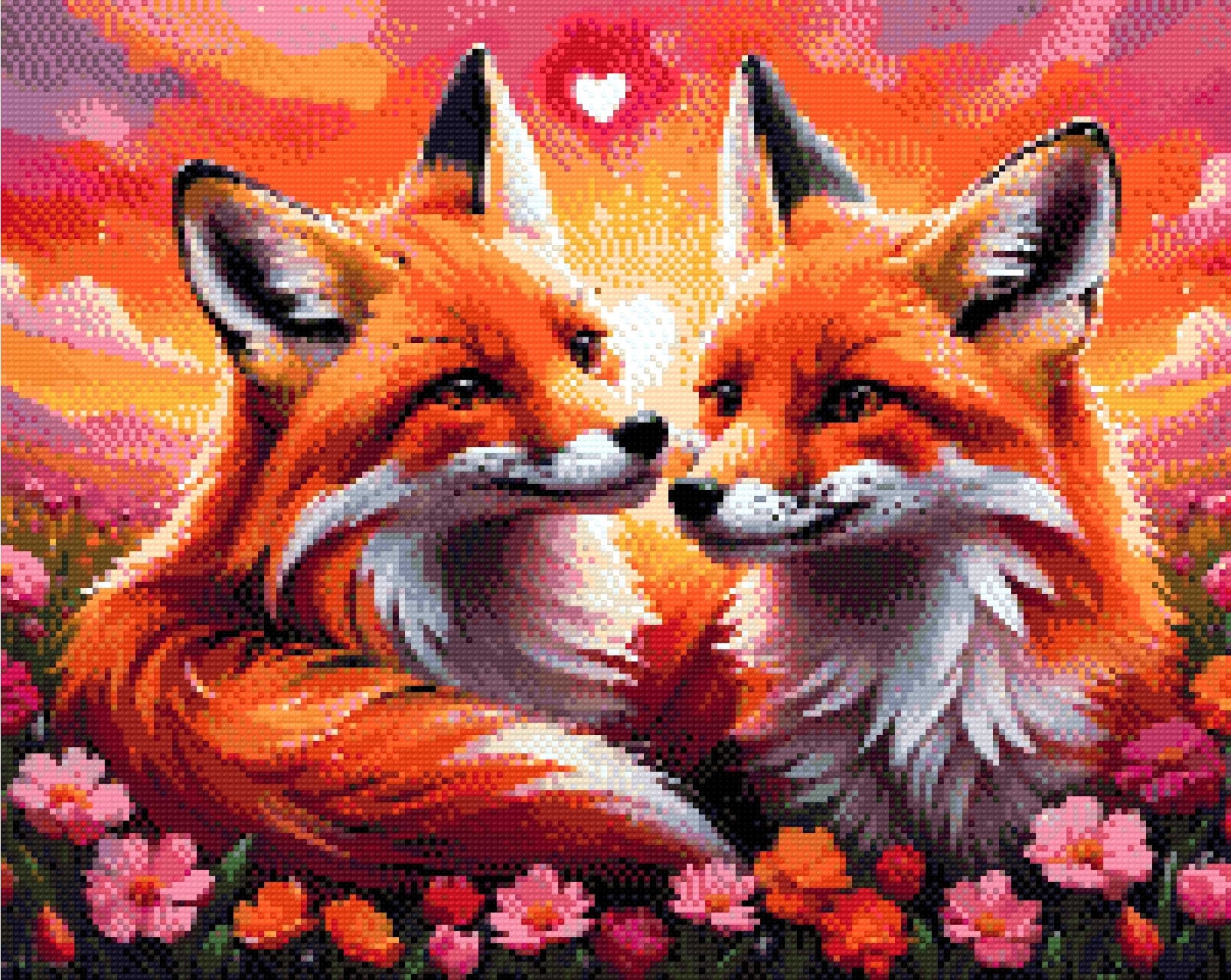 A Diamond Painting Rendering Of Two Foxes Gazing At Each Other Lovingly In A Colourful Field Of Flowers With A Glowing Sunset Sky. Size - 50cm X 40cm