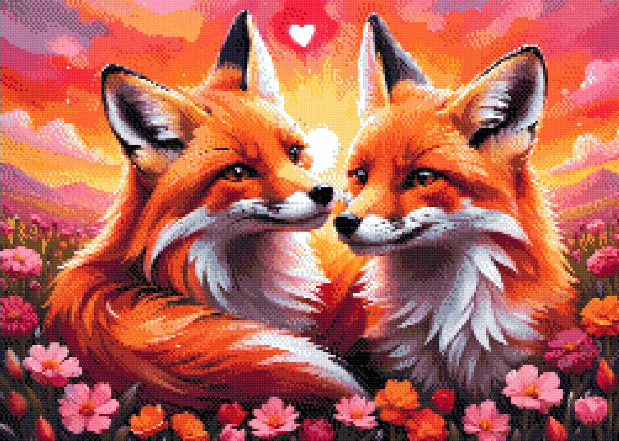A Diamond Painting Rendering Of Two Foxes Gazing At Each Other Lovingly In A Colourful Field Of Flowers With A Glowing Sunset Sky. Size - 70cm X 50cm