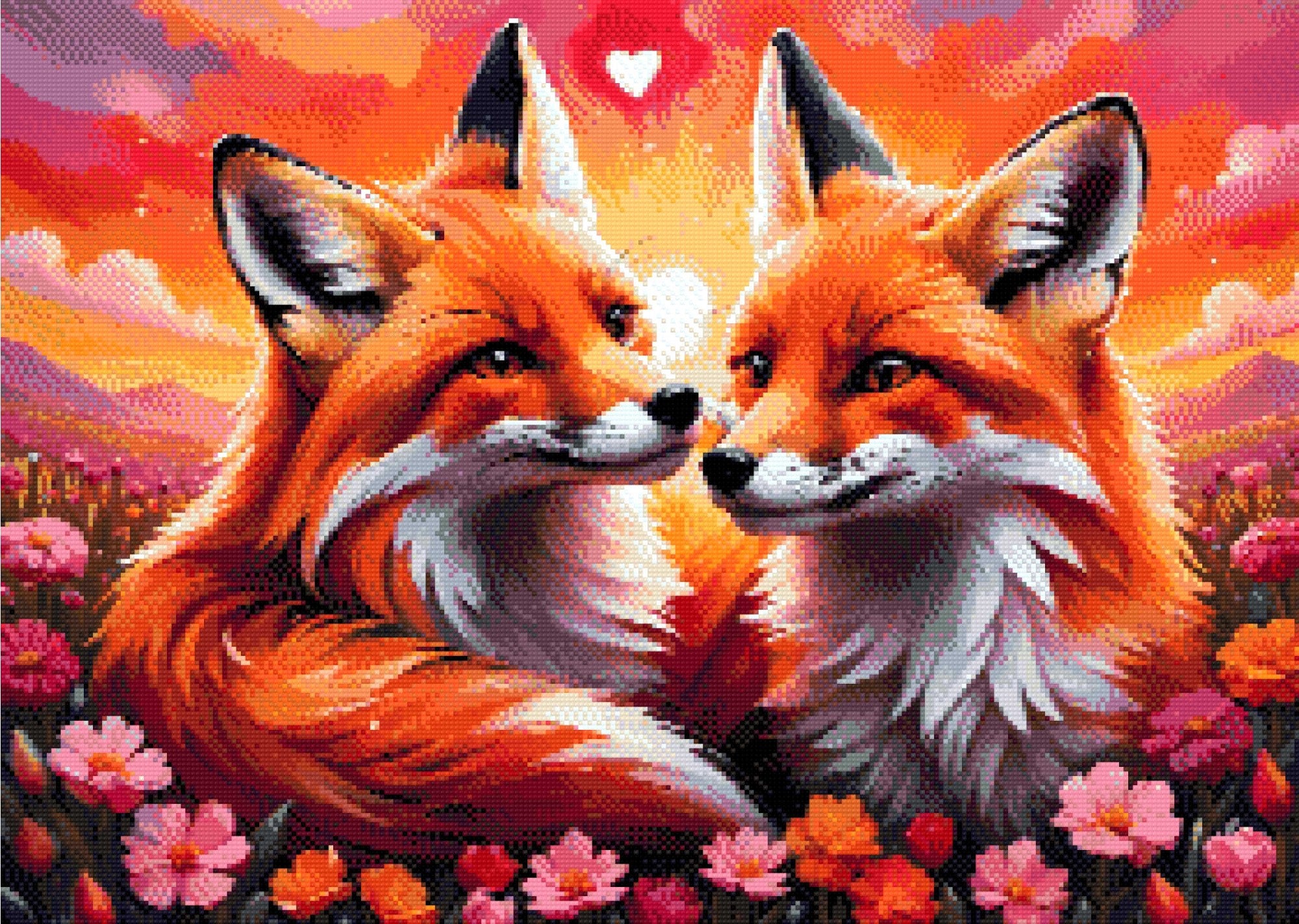 A Diamond Painting Rendering Of Two Foxes Gazing At Each Other Lovingly In A Colourful Field Of Flowers With A Glowing Sunset Sky. Size - 70cm X 50cm