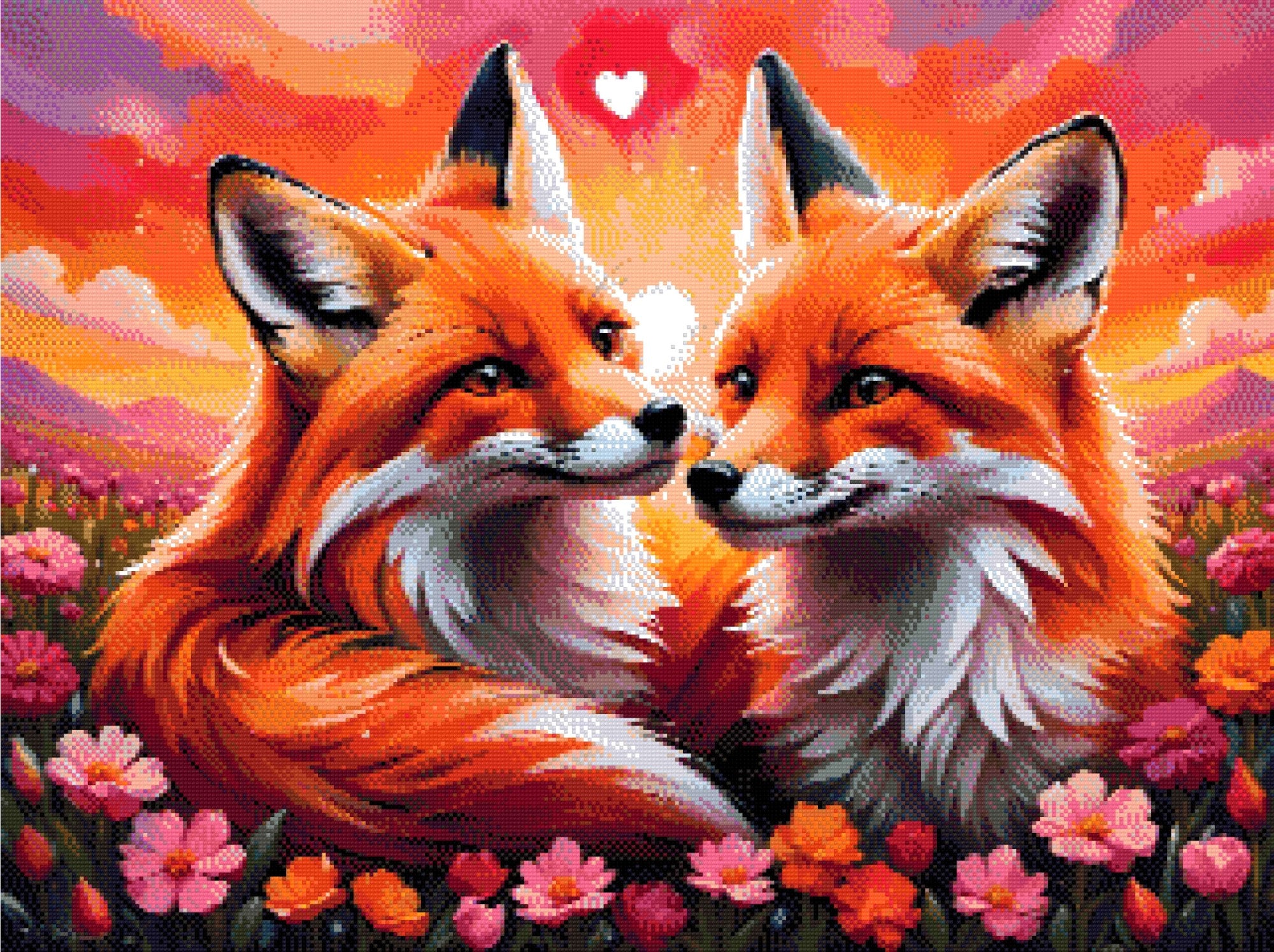 A Diamond Painting Rendering Of Two Foxes Gazing At Each Other Lovingly In A Colourful Field Of Flowers With A Glowing Sunset Sky. Size - 80cm X 60cm
