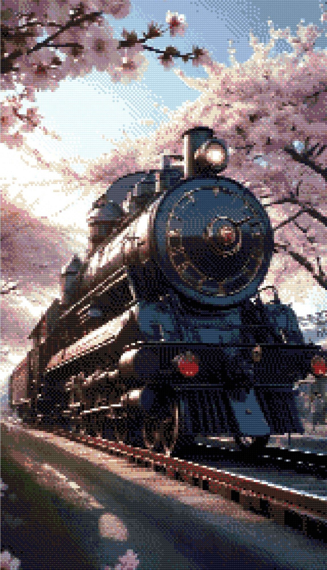 A Diamond Painting Rendering Of Vintage Steam Train Under Blooming Cherry Trees On A Sunny Day, Blending Technology And Nature. Size - 40cm X 70cm