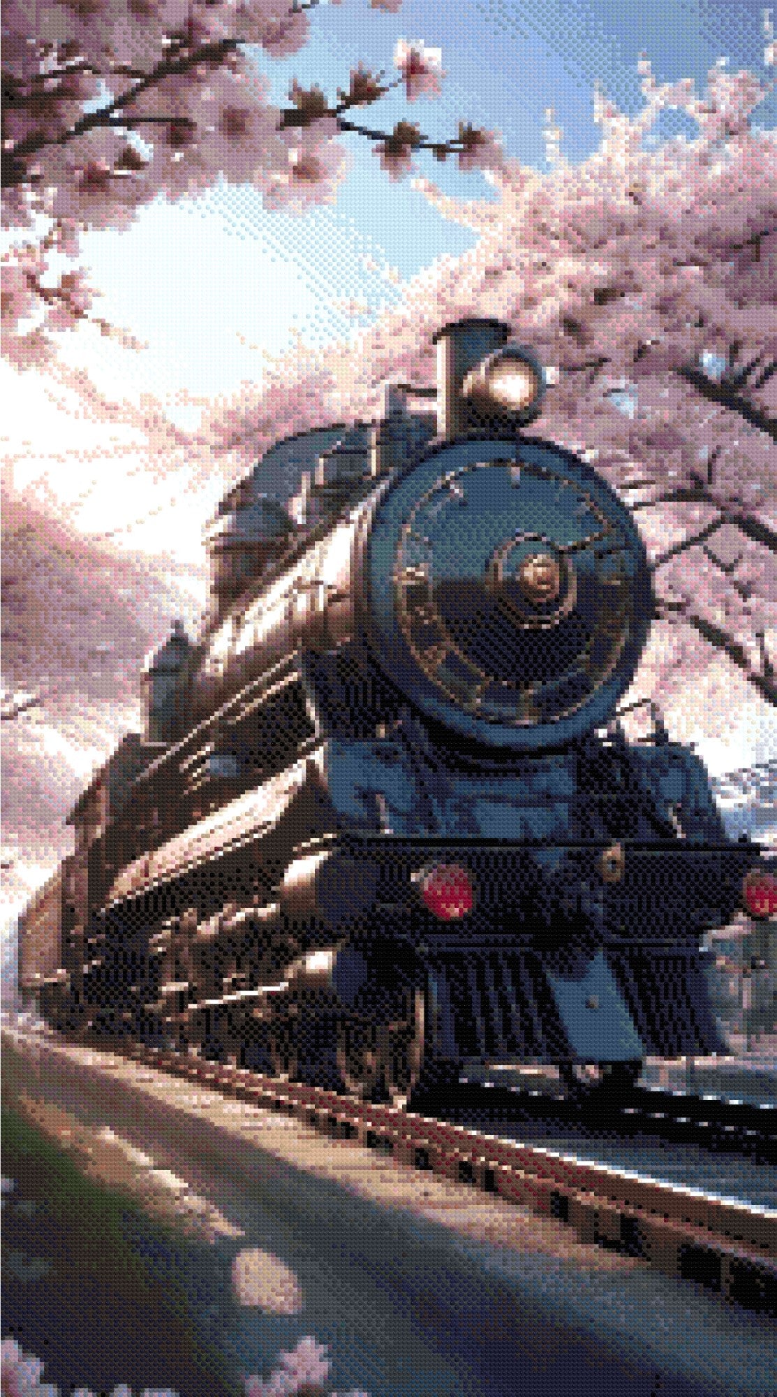 A Diamond Painting Rendering Of Vintage Steam Train Under Blooming Cherry Trees On A Sunny Day, Blending Technology And Nature. Size - 50cm X 90cm