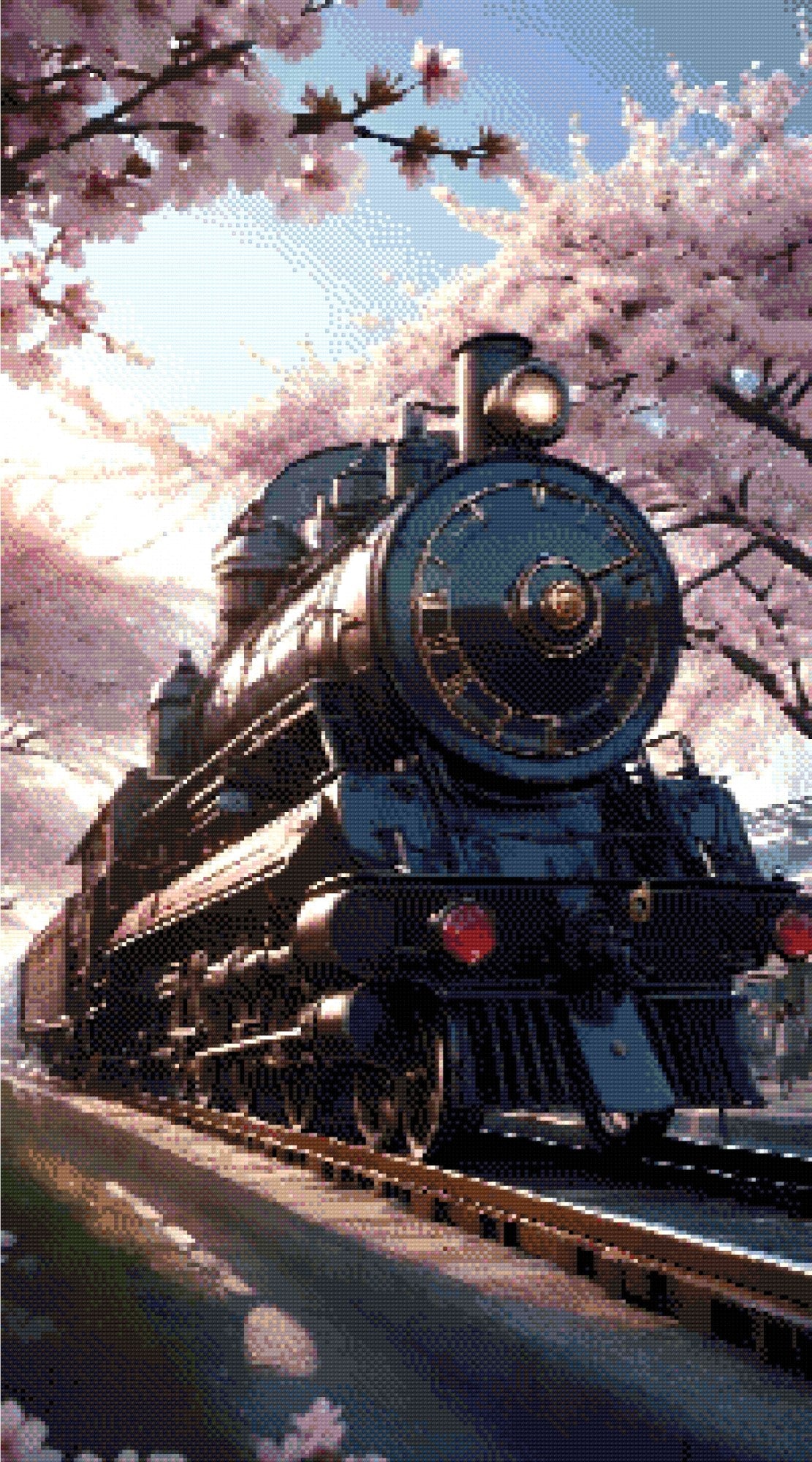 A Diamond Painting Rendering Of Vintage Steam Train Under Blooming Cherry Trees On A Sunny Day, Blending Technology And Nature. Size - 50cm X 90cm